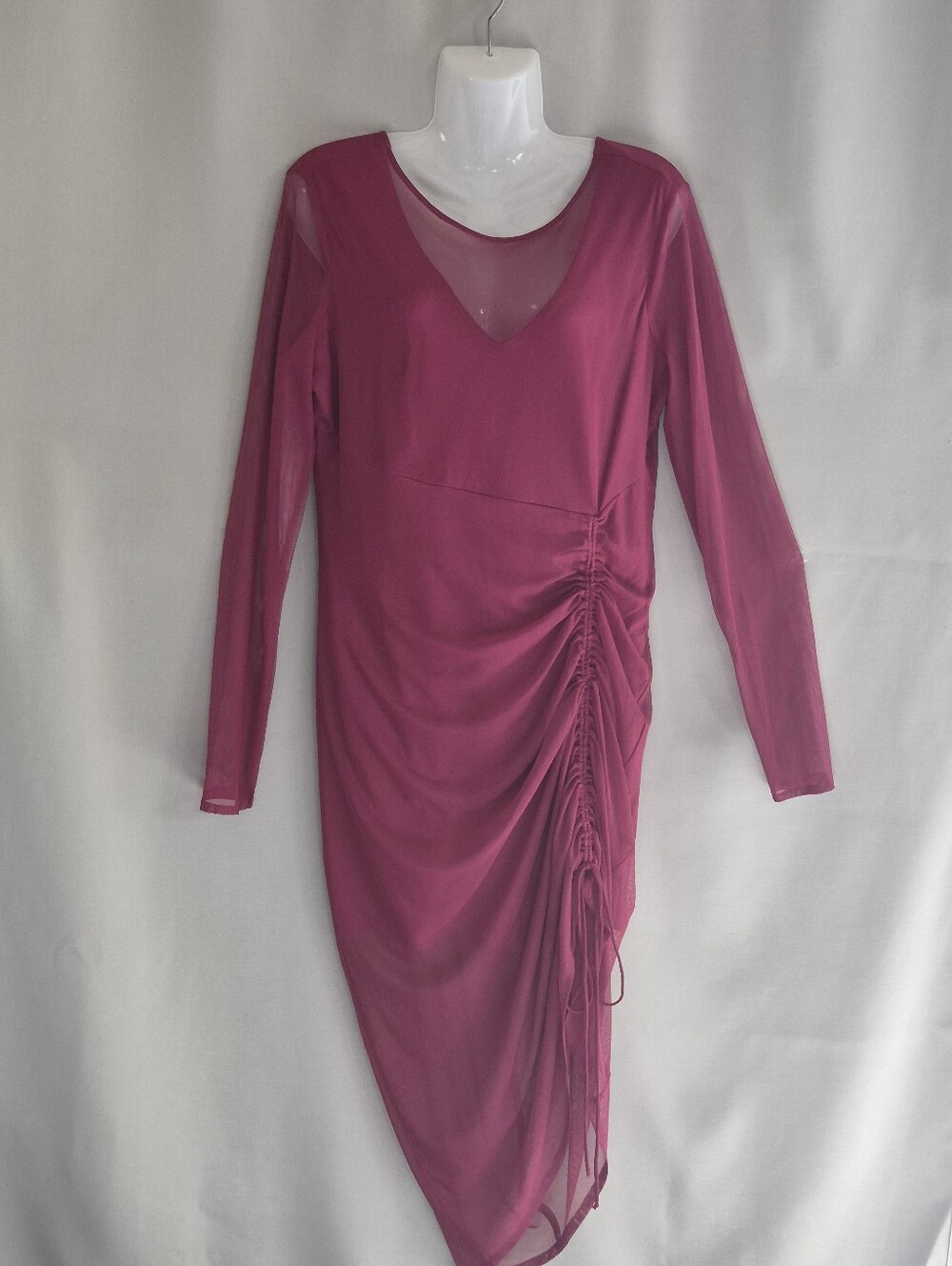 bebe Magenta Long-Sleeve Ruched Mesh Midi Dress